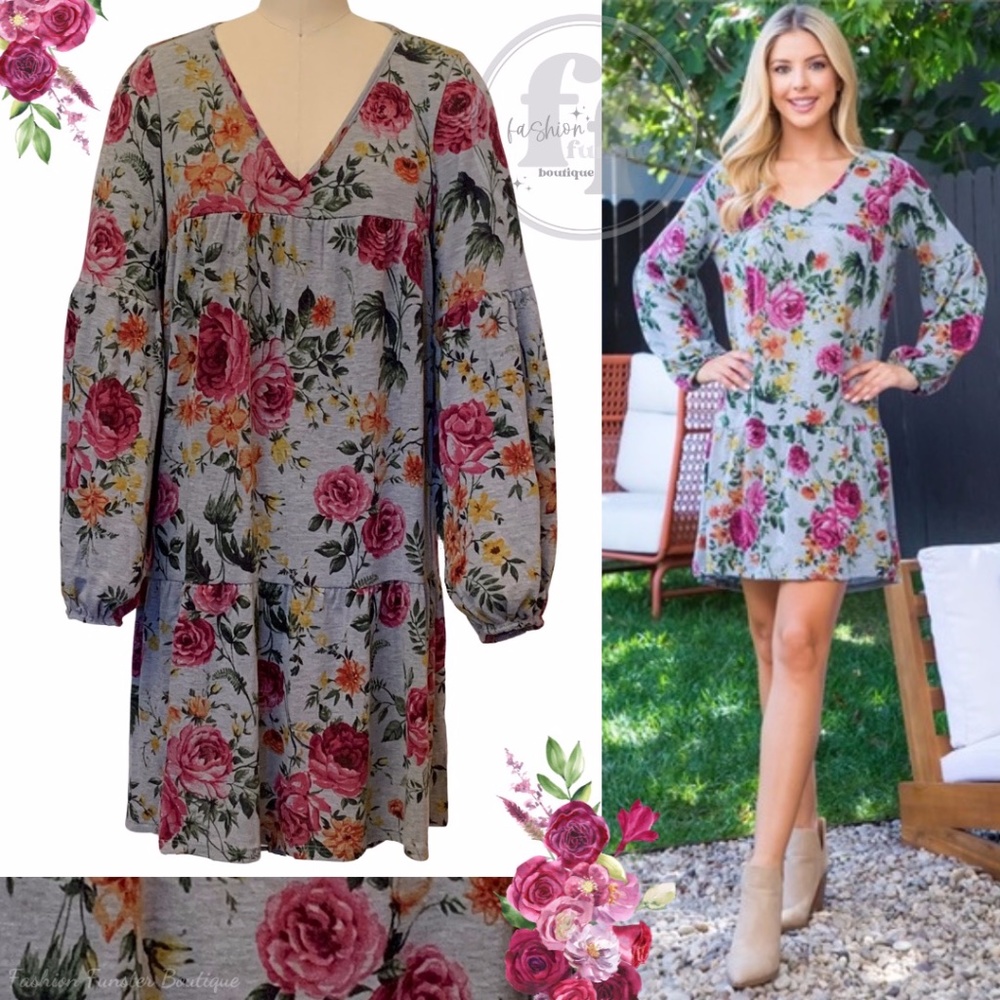 MTS Cottage Cabbage Rose Boho USA Made Floral Print Blouson Tunic Mini Dress